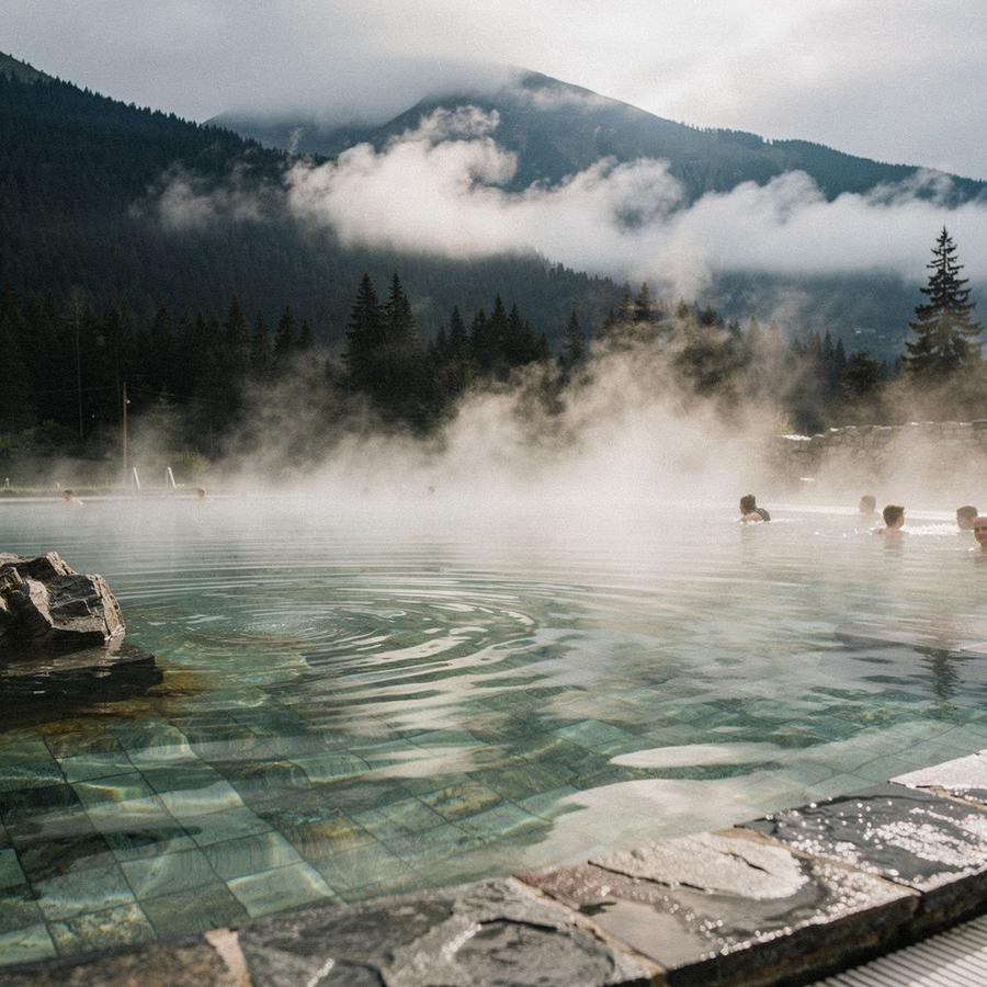 Outdoor thermal spa pool with steam rising above it, framed by Carpathian pine forest