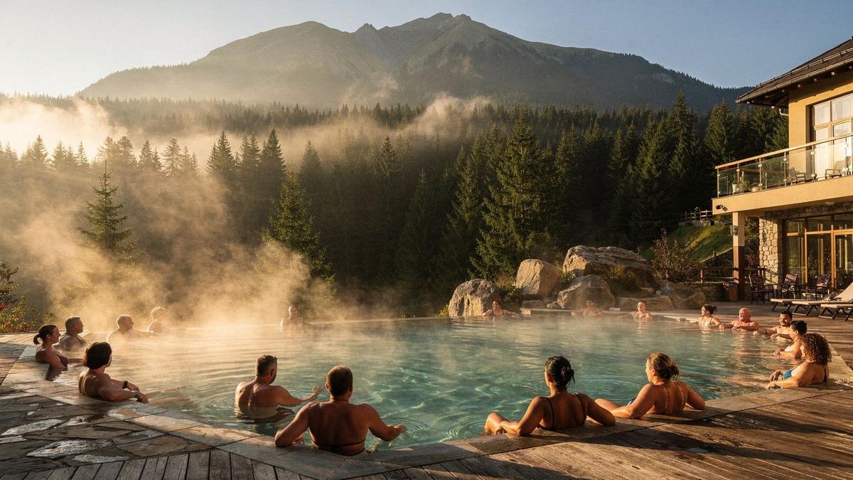 Outdoor thermal pool at a Carpathian mountain hotel framed by pine forest