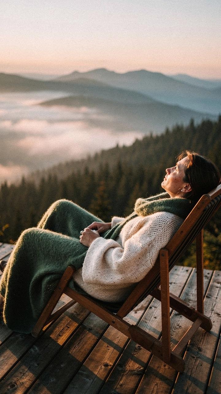 Guest resting on a wooden terrace above a misty Carpathian ridge at sunrise